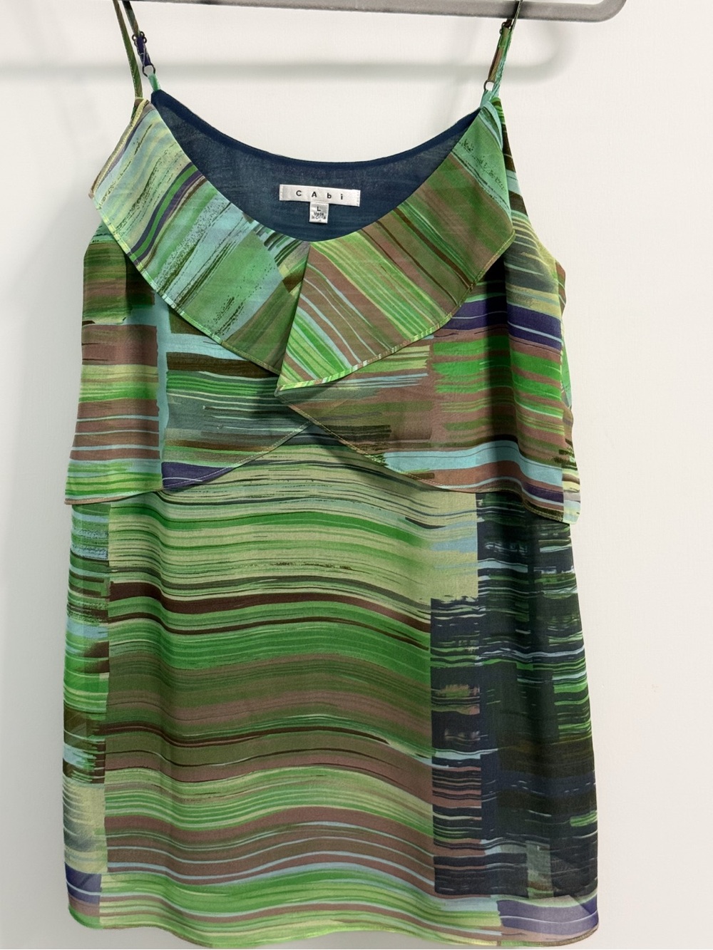Cabi Ruffle Cami Abstract Stripe Print Lined Spaghetti Strap Top L
